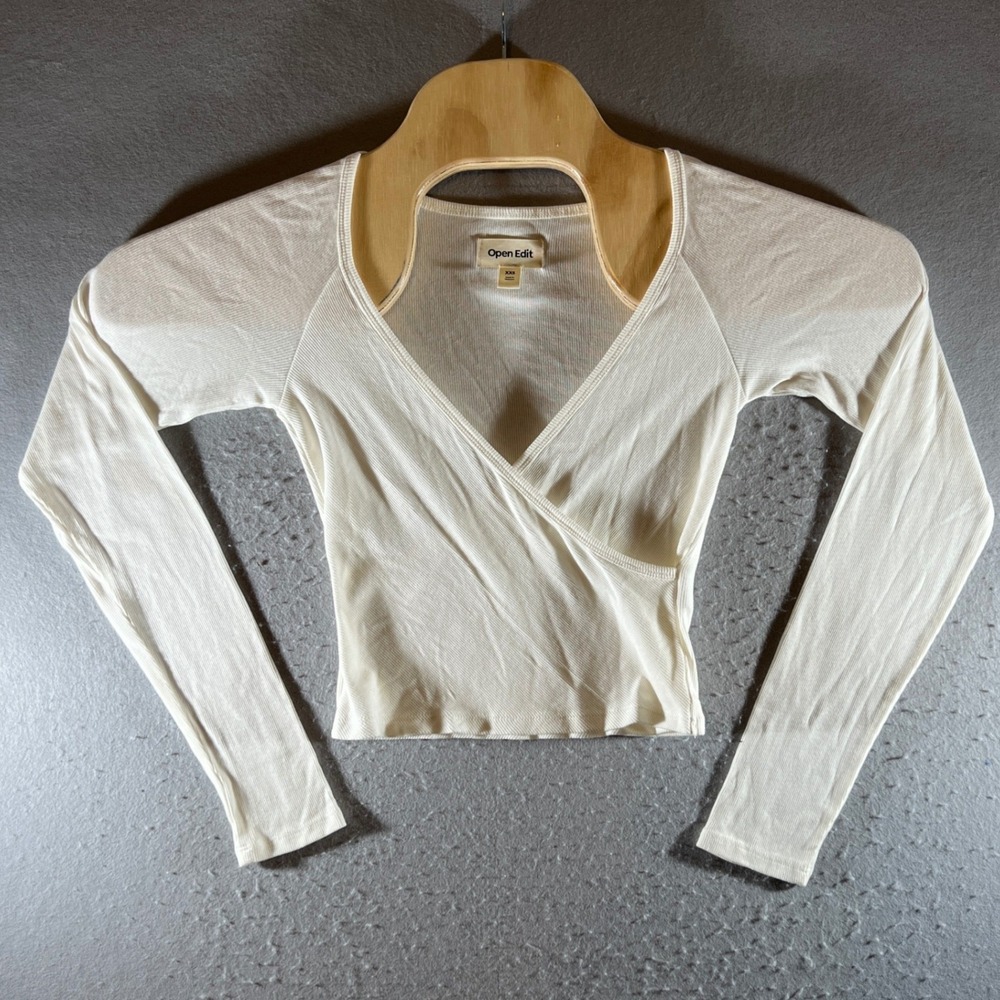 1290 | Open Edit Ribbed Pima Cotton Wrap Cropped Long Sleeve Top Ivory Women XXS